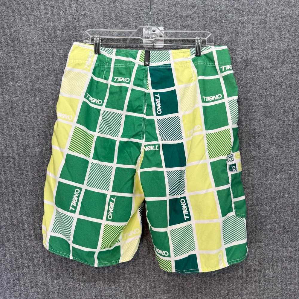 ONeill Board Shorts Men 34 Green Checkered Surf Swim Trunks Y2K Logo Lightweight
